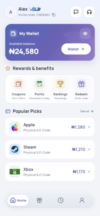 Current Card Nest app homepage with sample wallet and gift card data